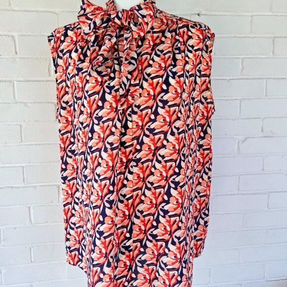 Sleeveless Button Down Coral Pink and Navy Silk Shirt Size 12 - Picture 2 of 9